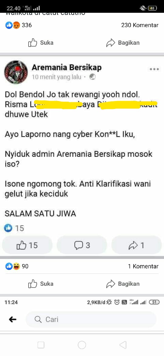Netizen lainnya justru membela hinaan yang dilontarkan pemilik akun @bendol jo.