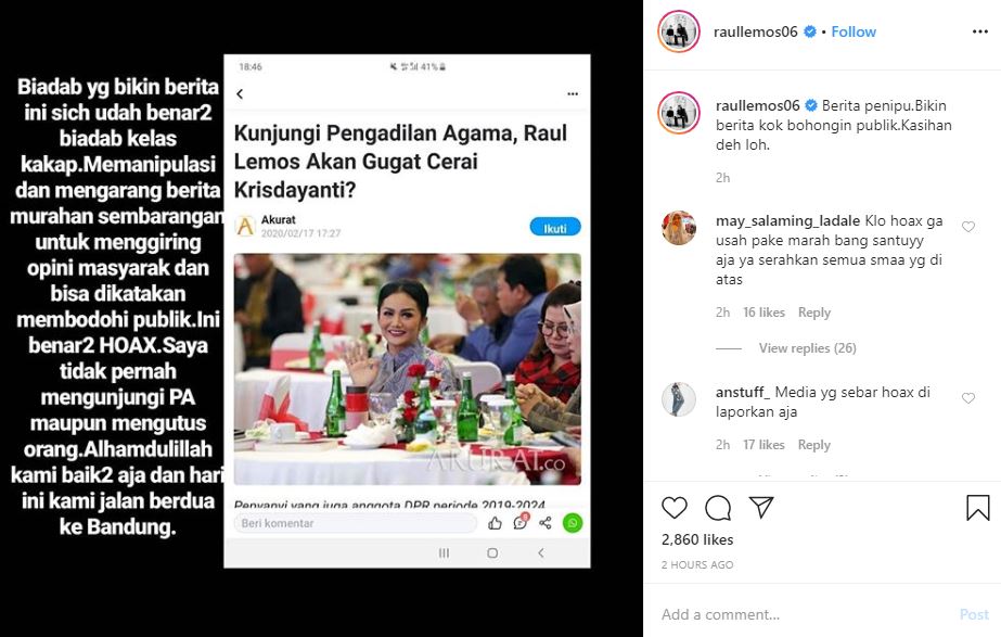 Bantahan Raul Lemos soal isu perceraian dengan Krisdayanti.