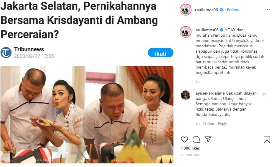 Bantahan Raul Lemos soal isu perceraian dengan Krisdayanti.