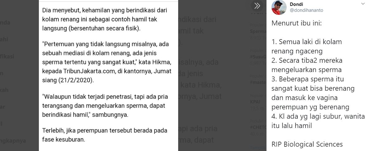 Tangkapan layar cuitan Twitter milik Dondi tentang kehamilan tak langsung. (Foto:Twitter/Ngopibareng.id)