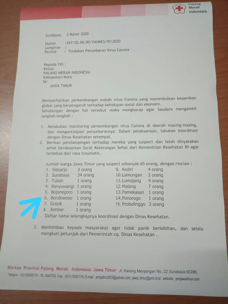 Surat Edaran PMI Jatim soal Corona yang dinilai meresahkan. (Foto: Istimewa)