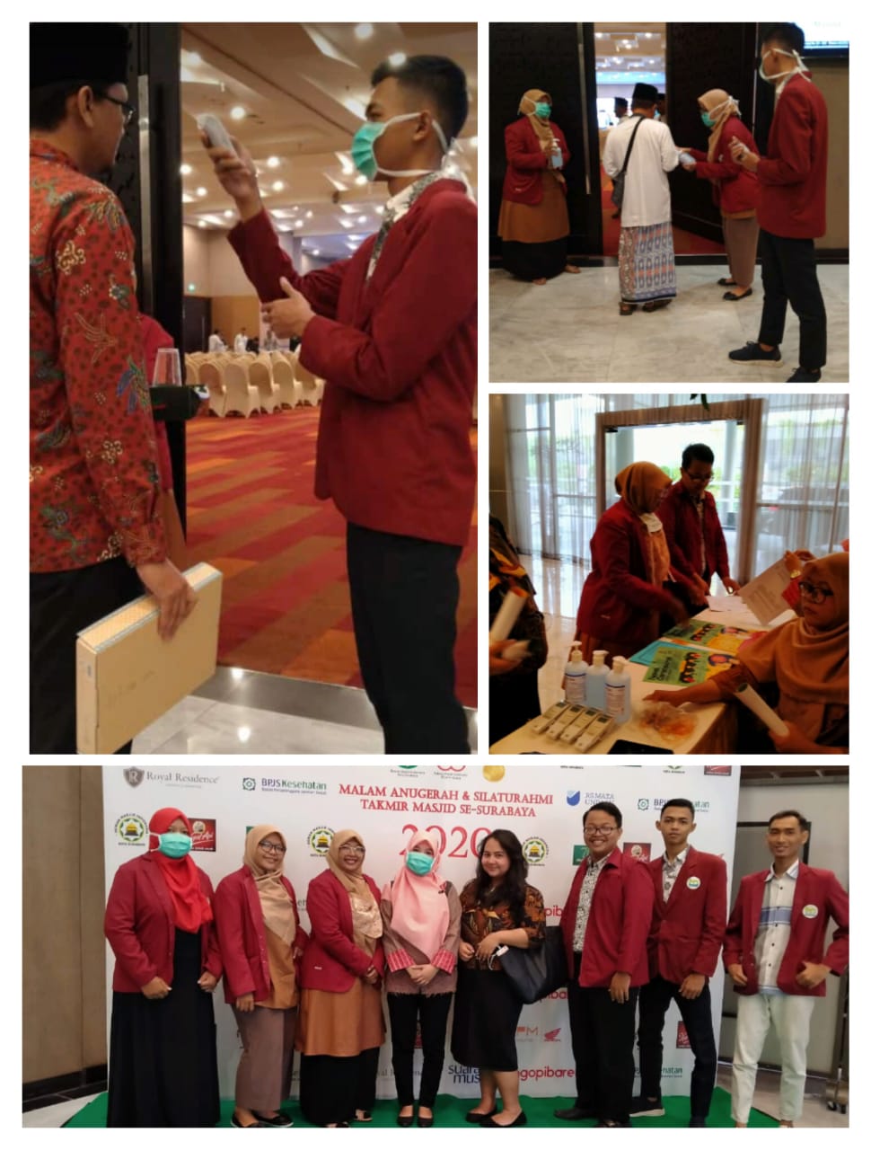 DMI Surabaya sebagai panitia Malam Anugerah dan Silaturahmi Takmir Masjid Se-Surabaya menyiapkan thermometer infrared Gun dan hand sanitizer di pintu masuk registrasi tamu undangan. (Foto: Ngopibareng.id).