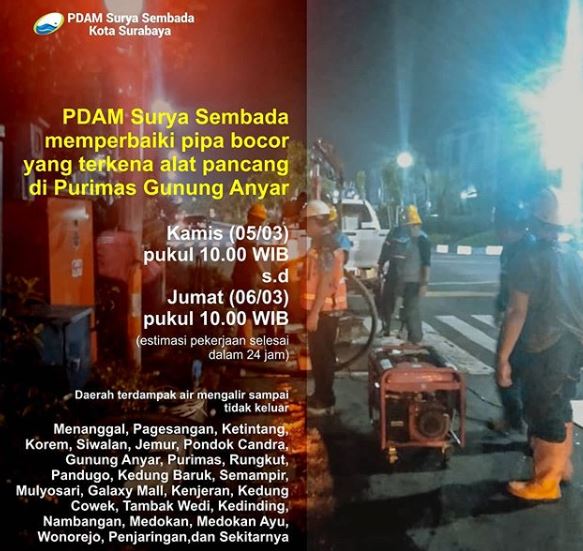 PDAM Surya Sembada memperbaiki pipa PDAM DN 1.000 yang bocor. (Foto: Instagram @pdamsuryasembada)