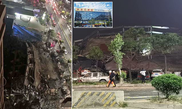 Hotel Xinjia, Quanzhou sebelum ambruk (insert). Setelah ambruk kondisi hotel tinggal memperlihatkan kerangka baja. (Foto: UK Global News)