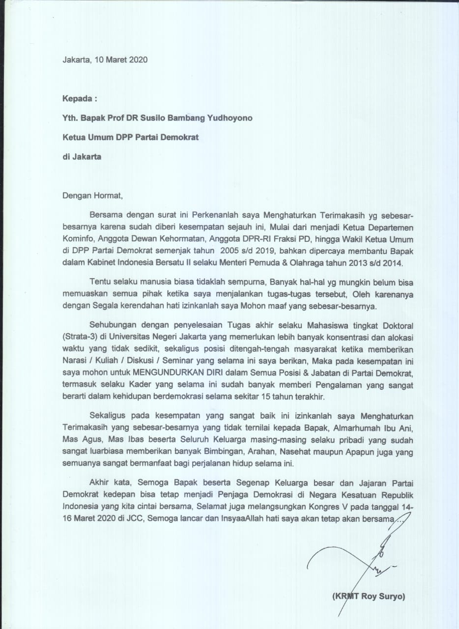 Surat pengunduran diri Roy Suryo dari Partai Demokrat. (Foto: Istimewa)