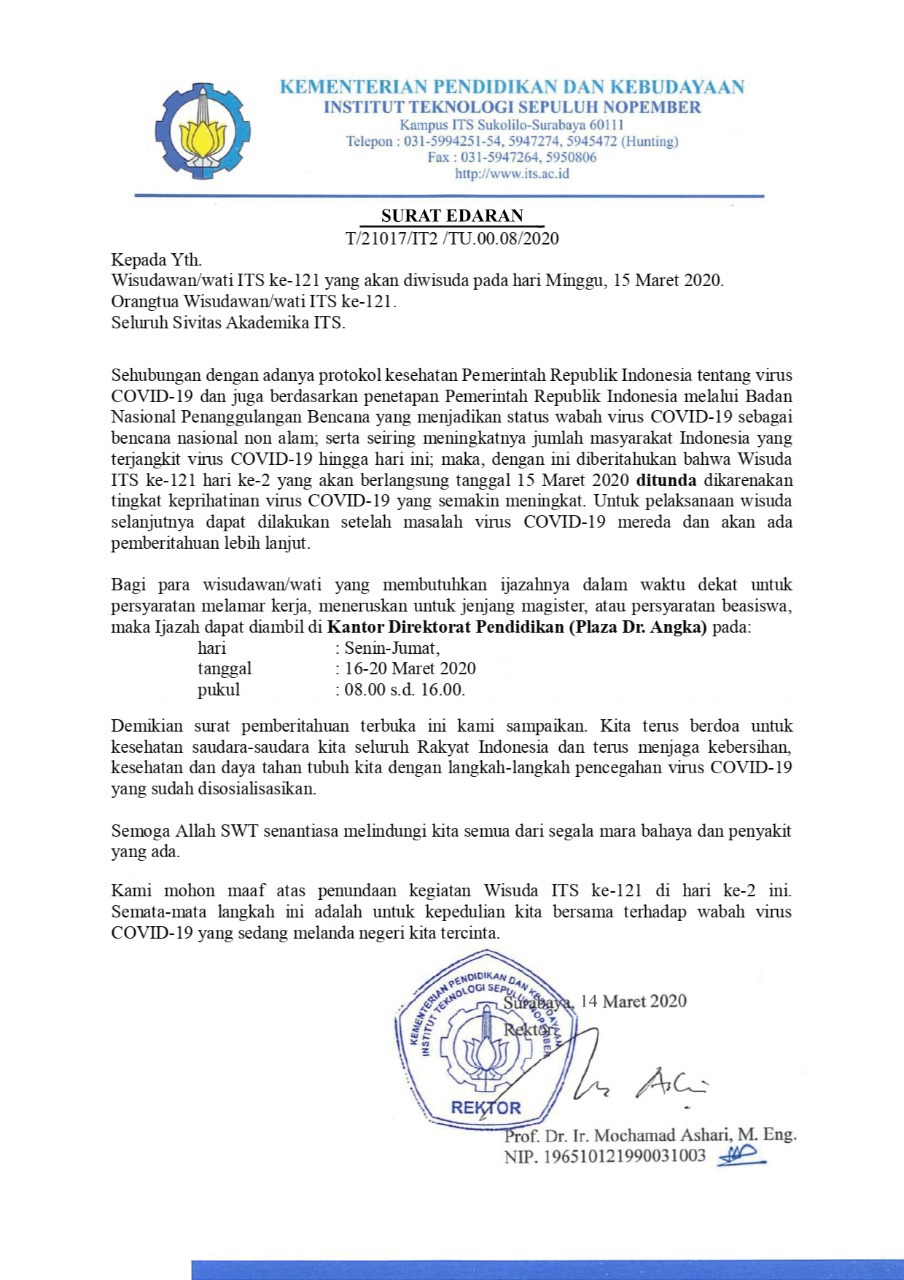 Surat edaran penundaan wisuda hari kedua. 