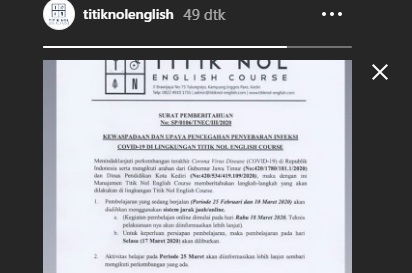 Surat edaran Titik Nol English Course, Pare Kampung Inggris, Kediri Jawa Timur  dalam rangka memberlakukan sistem pembelajaran online (Foto: Story Instagram @titiknolenglishcourse)