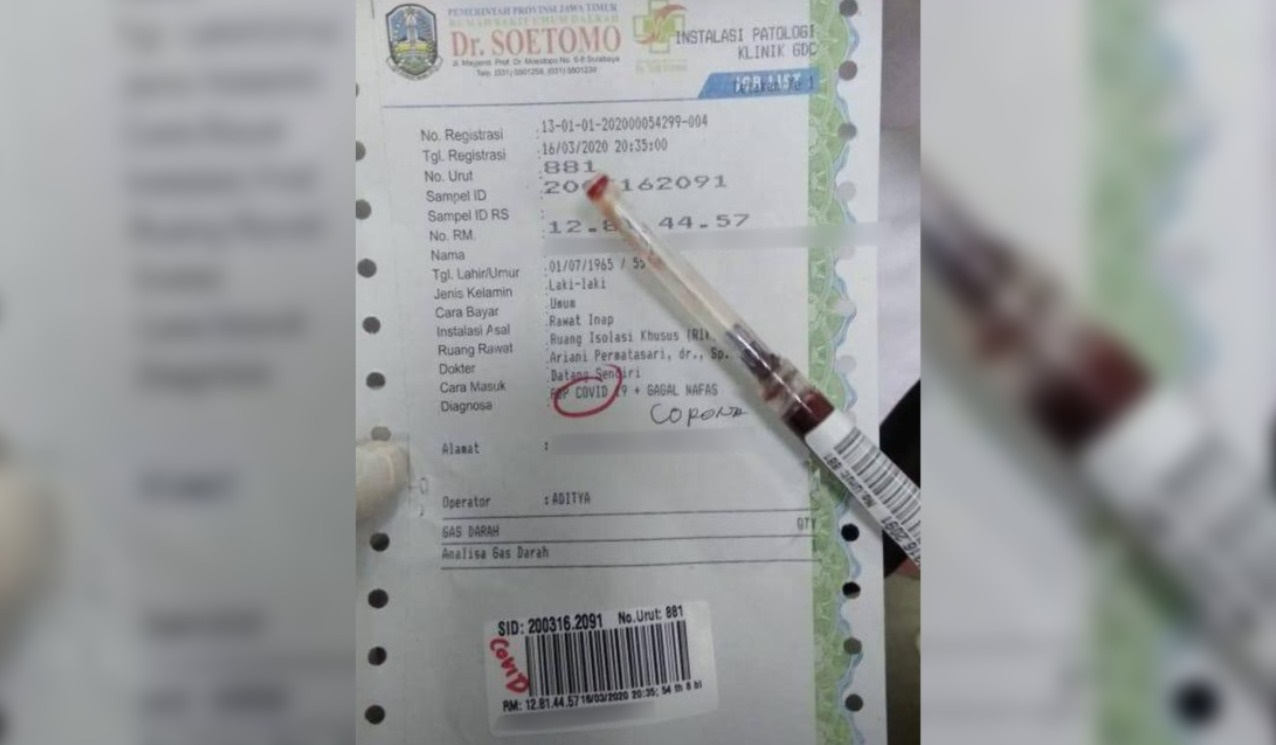 Hasil laboratorium diduga pasien RSUD Dr. Soetomo yang tersebar di grup WhatsApp. (Foto: Istimewa)