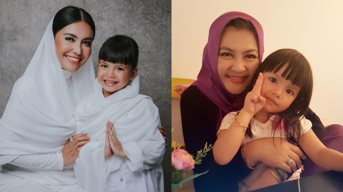 Denada bersama putrinya, Shakira yang berganti nama Aisha (kiri), Emilia Contesa bersama sang cucu. (Foto: Kolase Instagram @denadaindonesia)