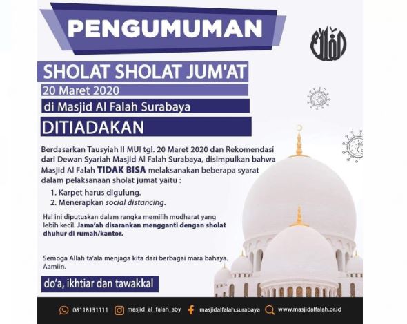 Pengumuman Masjid Al Falah meniadakan salat Jumat. (Foto: Tangkapan layar Whatsapp/Ngopibareng.id)