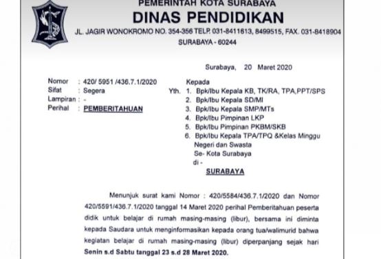 Surat edaran Dinas Pendidikan yang menyatakan jika masa belajara di rumah diperpanjang hingga 28 Maret 2020. (Foto: Istimewa)