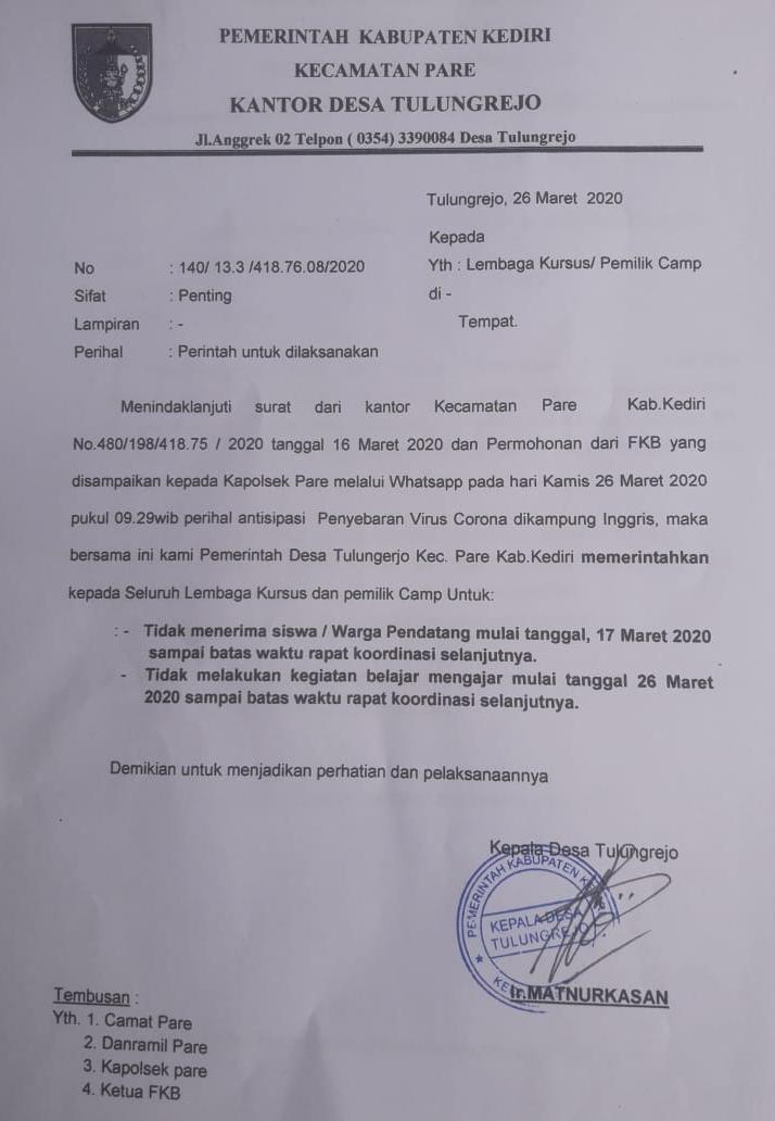 Imbauan dari lurah Tulungrejo Pare (Foto: dokumen pribadi Adi Mahesa/Ngopibareng.id)