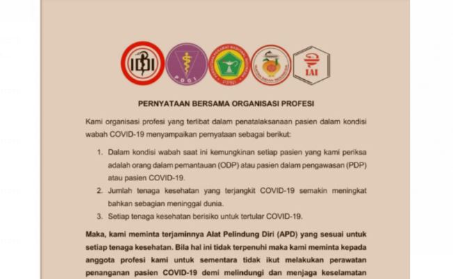 Pernyataan sikap bersama organisasi profesi terkait keterbatasan APD. (Foto: WhatsApp)