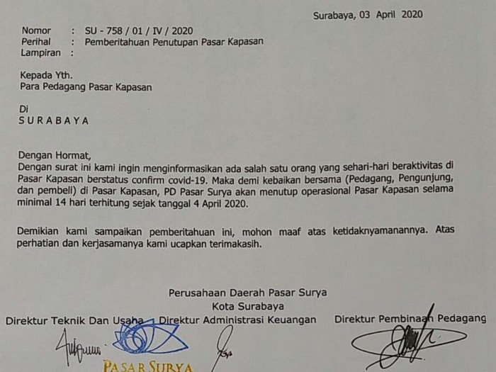 Surat edaran penutupan Pasar Kapasan Surabaya. (Foto: Istimewa)