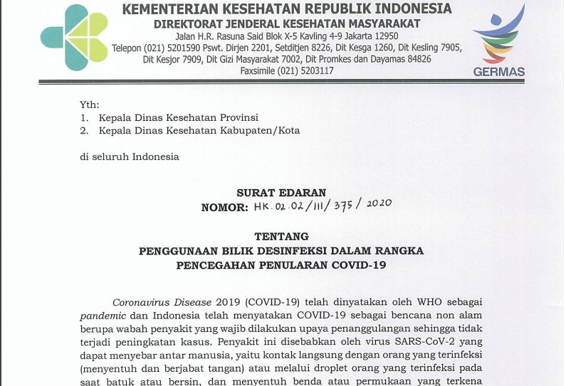 Surat edaran dari Kementerian Kesehatan tentang penggunaan bilik disinfektan. (Foto: Tangkapan Layar)