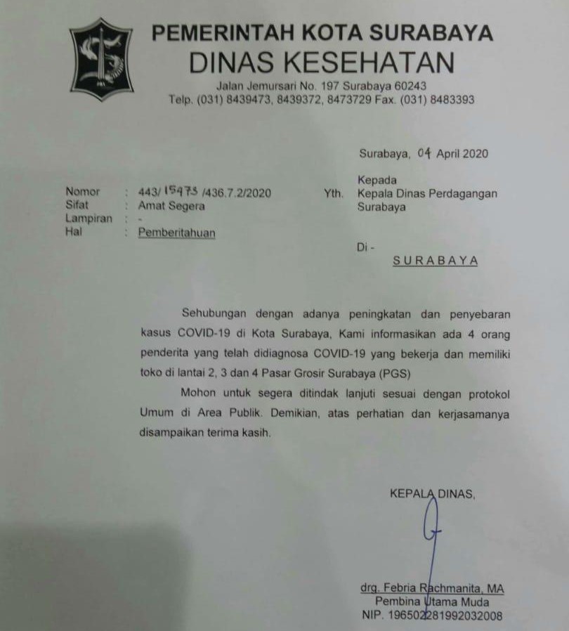 Surat pemberitahuan Dinas Kesehatan Kota Surabaya kepada Dinas Perdagangan Surabaya. (Foto: Istimewa)