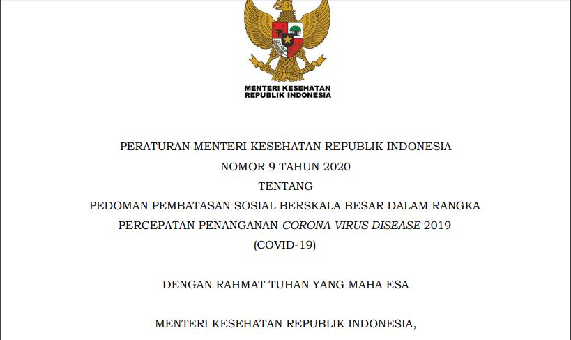 Permenkes nomor 9 tahun 2020 yang mengatur tentang penerapan Pembatasan Sosial Berskala Besar untuk penanganan covid-19. (Foto: Tangkapan layar)