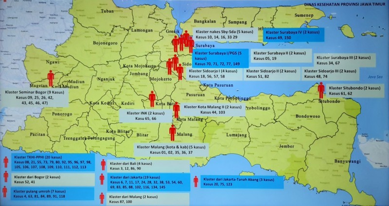 Data 23 cluster Covid-19 di Jawa Timur. (Foto: Alief Sambogo/Ngopibareng.id)