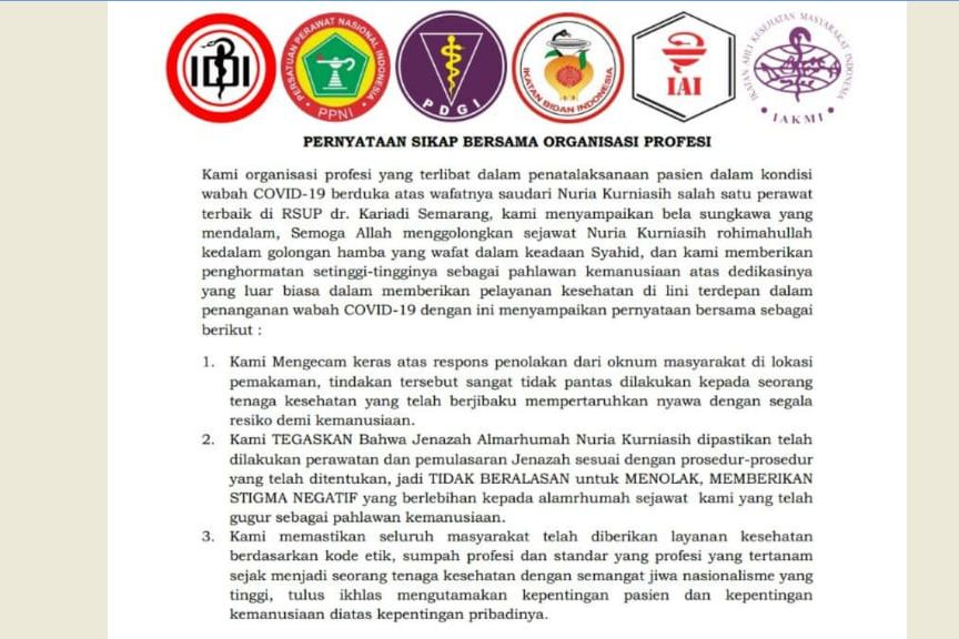 IDI dan lima organisasi medis mendesak aparat penegak hukum untuk menidak tegas pelaku penolakan pemakaman jenazah covid-19. (Tangkapan layar surat pernyataan)