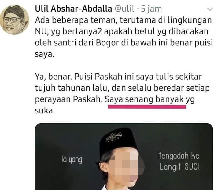 Penjelasan Intelektual Muslim dari pesantren, Ulil Abshar Abdalla, soal Puisi Paskah. (Foto: Twitter)