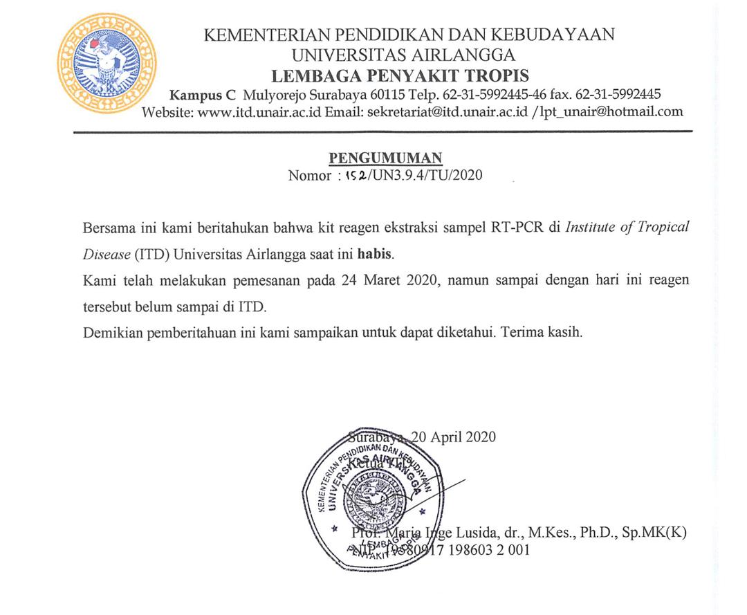 Surat pengumuman ITD perihal kit reagen yang habis. (Foto: istimewa)