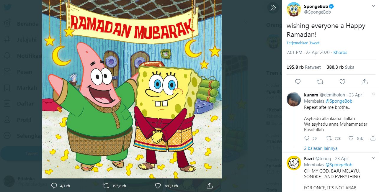 Ucapan selamat Ramadhan Spongebob dan Patrick di Twitter. (Foto: Twitter)