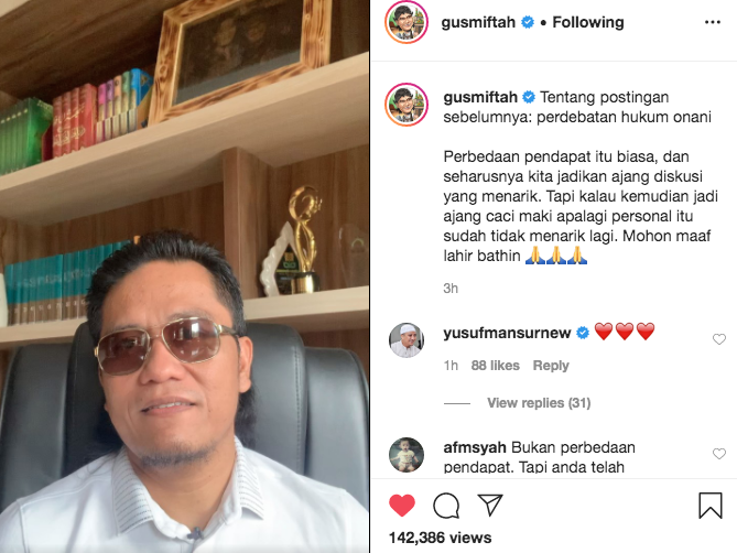 Video konfirmasi Gus Miftah di instagram terkait video hukum onani yang diunggahnya. (Foto: Dok. Instagram @gusmiftah)