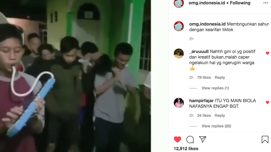 Pemuda membangunkan sahur ala Tiktok (Foto: Dok. Instagram @omg.indonesia.id)