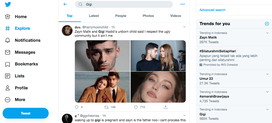 Gigi Hadid hamil anak Zayn Malik trending twitter. (Foto: Twitter)