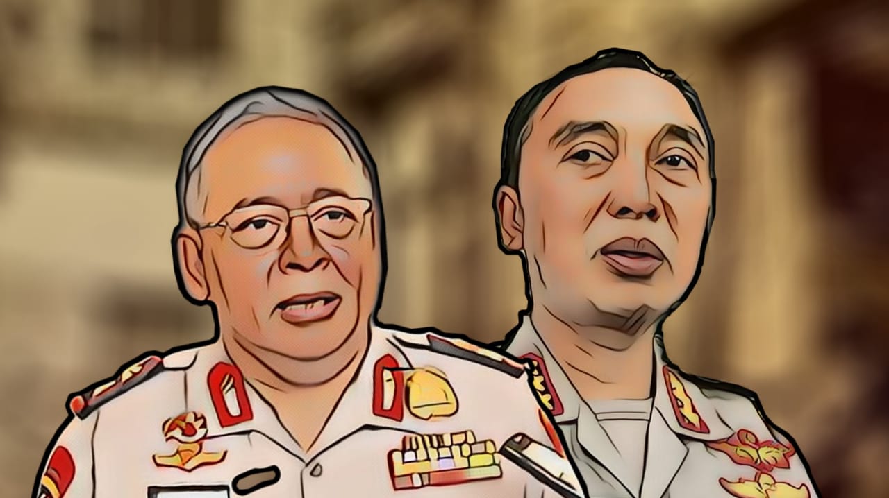 Ilustrasi Kapolda Jawa Timur Irjen. Luki Hermawan dan Kapolrestabes Surabaya Kombes Sandi Nugroho yang masuk dalam gerbong mutasi Polri. (Ilustrasi: Fa Vidhi/Ngopibareng.id)