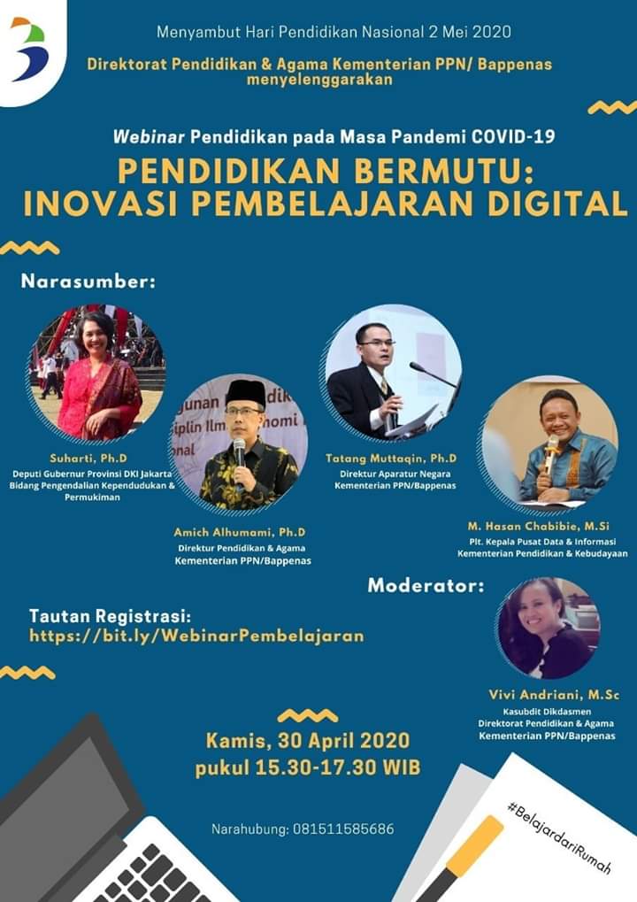 Webinar ini menghadirkan narasumber Hasan Chabibie, M.Si (Plt Kepala Pusdatin Kemdikbud), Amich al Humami, Ph.D (Direktur Pendidikan dan Agama Kementerian PPN/Bappenas), dll. (Foto: Istimewa)