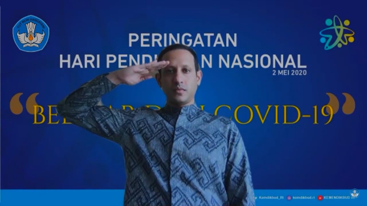 Menteri Pendidkan dan Kebudayaan (Mendikbud) Nadiem Makarim pada peringatan Hari Pendidikan Nasional (Hardiknas) 2020  di tengah pendemi Covid-19 melalui video conference. (Foto: Dok. Kemendikbud)