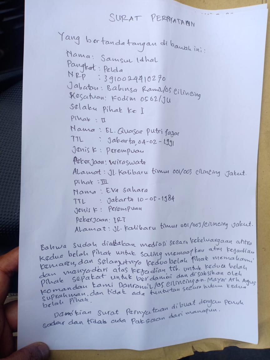 Surat pernyataan damai kasus adik Babinsa dijambak anggoa Koramil gara-gara merekam penertiban PSBB.