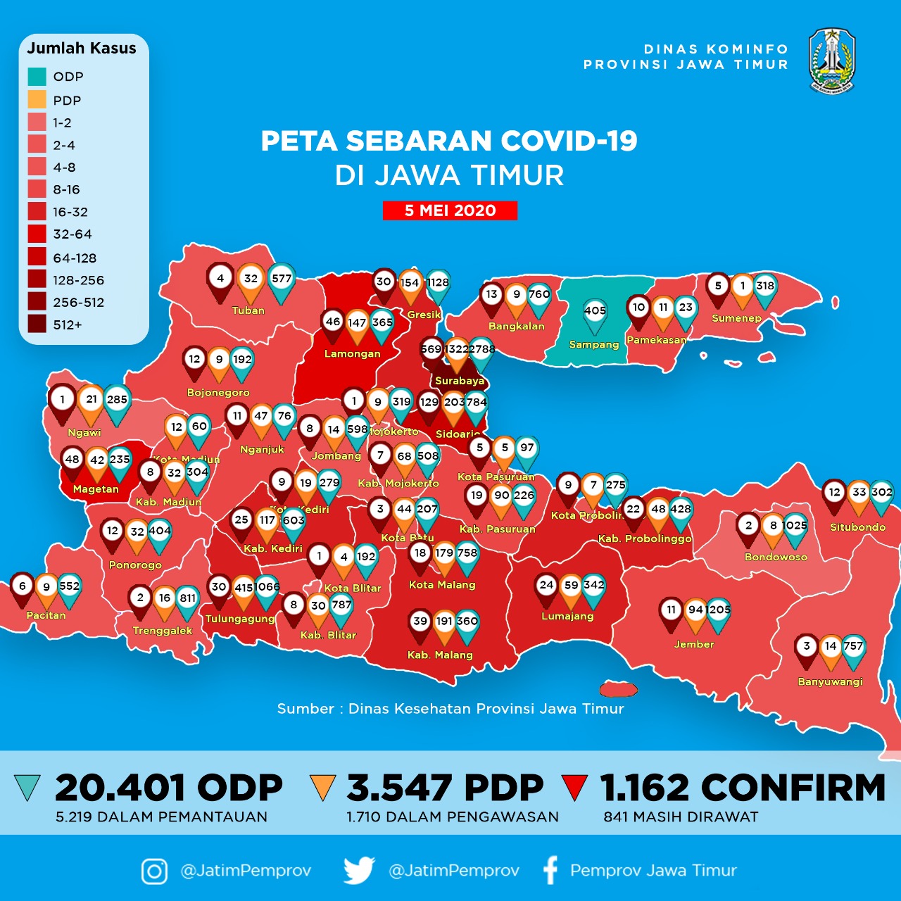 Peta Sebaran Covid-19 di Jawa timur. (Foto: Humpro Jatimprov)