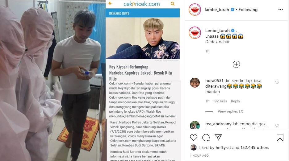 Penampakan Roy Kiyoshi dan petugas kepolisian dari Polres Jakarta Selatan terkait kasus narkoba. (Foto: Instagram @lambeturah)