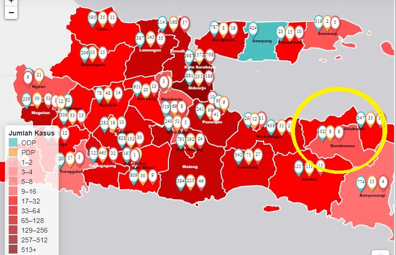 Peta sebaran Covid-19 di Bondowoso, Jawa Timur. (Foto: infocovid19.jatimprov.go.id)