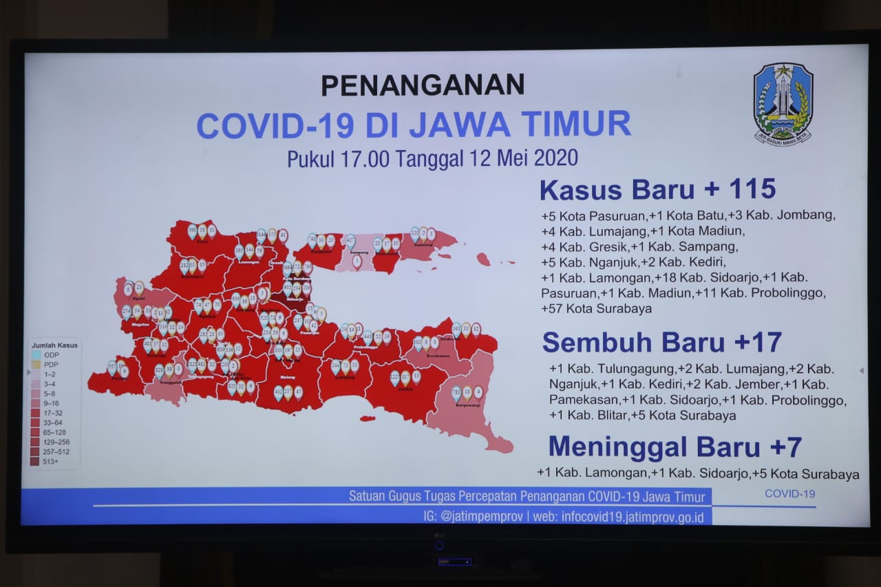 Peta persebaran Covid-19 Jatim per tanggal 12 Mei 2020.