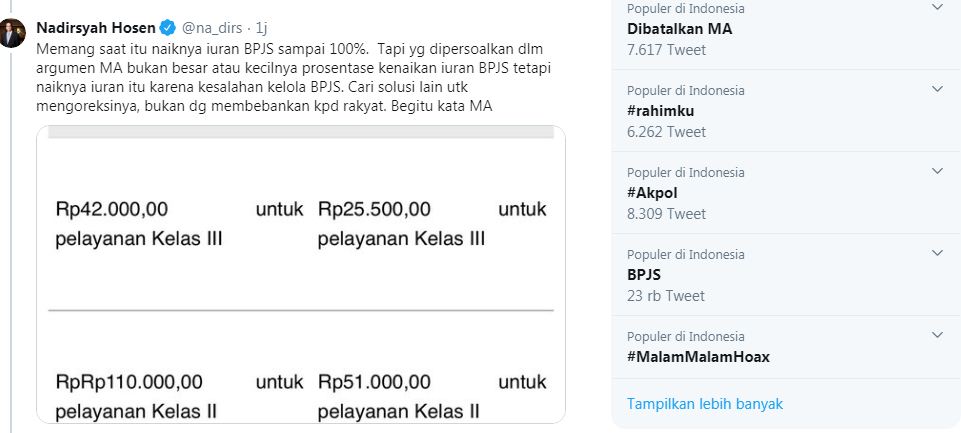 Tagar BPJS Mengikuti naiknya iuran BPJS populer di Twitter. (Cuitan Nadirsyah Hosen di Twitter/Twitter)