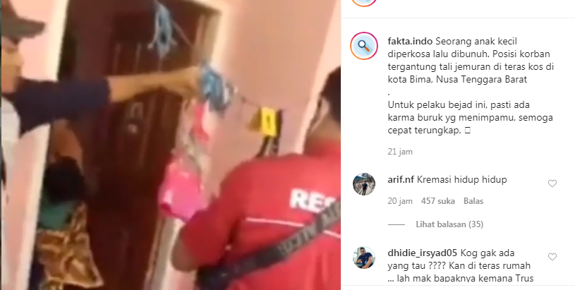 Anak kecil kecil diduga korban pemerkosaan dibunuh di jemuran kos dan viral di Instagram (Foto: Dok. Instagram @fakta.indo)