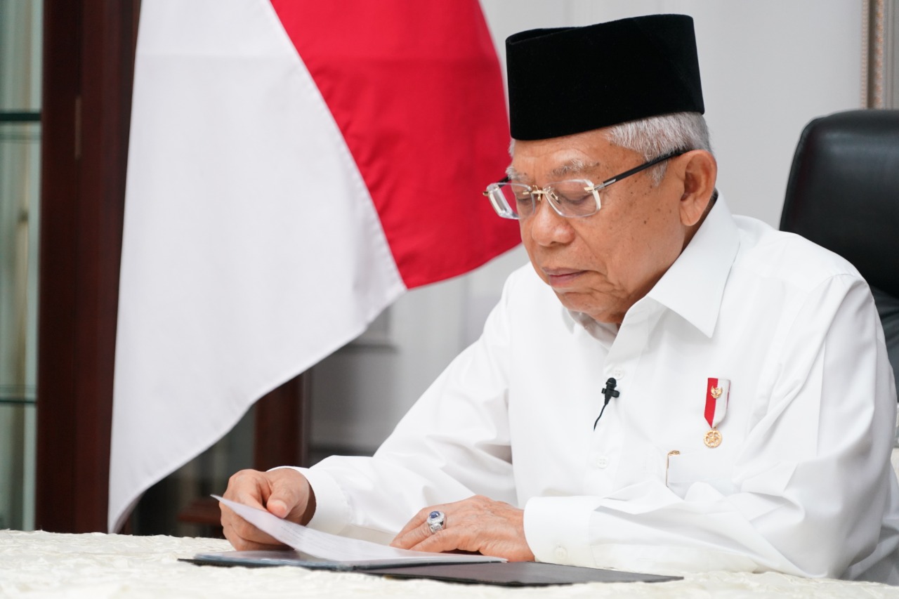 Wakil Presiden (Wapres) KH Ma'ruf Amin berbicara soal Prospek Ekonomi Syariah di Indonesia melalui video konferensi, pada Minggu 17 Mei 2020. (Foto: Setwapres)