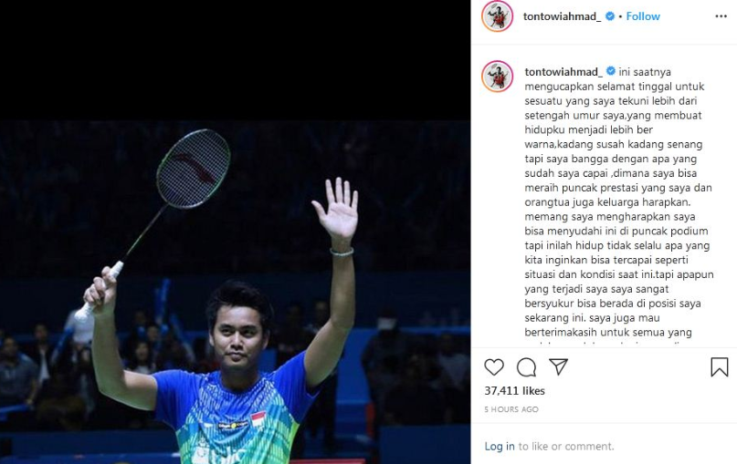 Tontowi Ahmad (Owi) umumkan gantung raket di Instagram, Senin 18 Mei 2020.