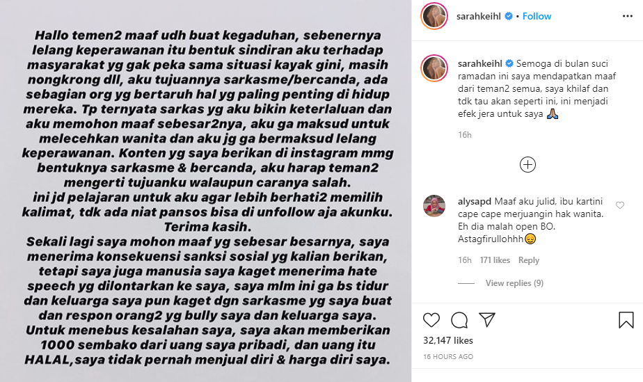 Sarah Salsabila menyampaikan permintaan maaf soal rencana lelang keperawanan. (Foto: Instagram)
