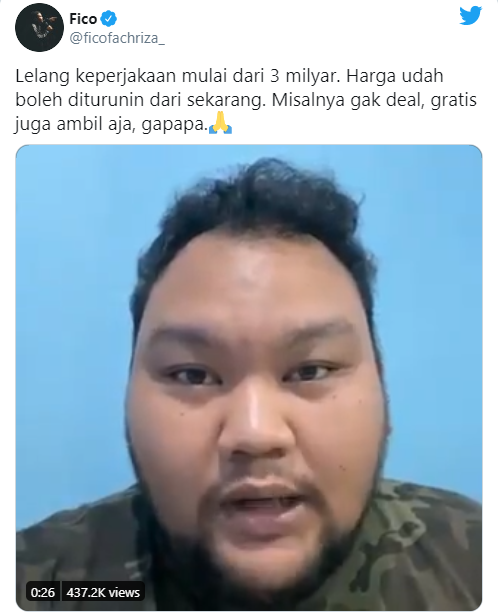 Komedian Fico mengunggah video rencana lelang keperjakaan Rp3 Miliar untuk membantu pandemi corona atau Covid-19. (Foto: Twitter)