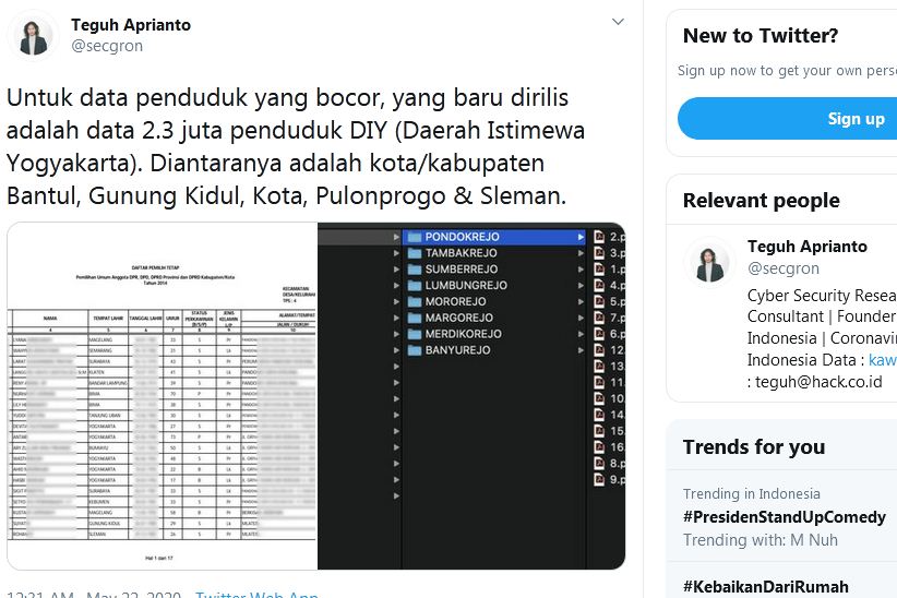 Akun @secgron mengabarkan jika data milik 2,3 juta penduduk Jogjakarta bocor diinternet. 