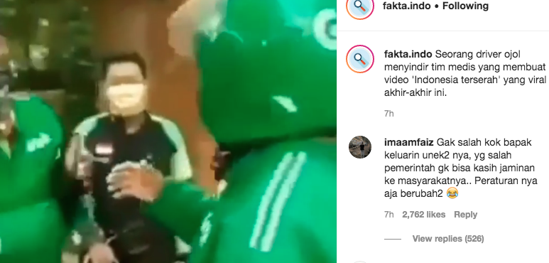 Salah seorang driver ojek online (ojol) menyindir tenaga medis, yang mengaku menyerah tangani Covid-19. (Foto: Dok. Instagram @fakta.indo)