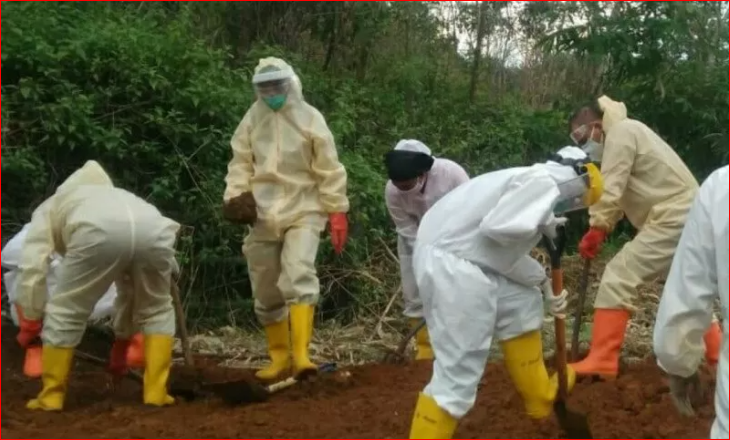 Kapolres Lubuklinggau AKBP Mustofa (paling kanan-kuning) saat memakamkan anggotanya yang meninggal dengan status PDP Covid-19, Minggu 24 Mei 2020. (Foto: Antara/Polres Lubuklinggau)