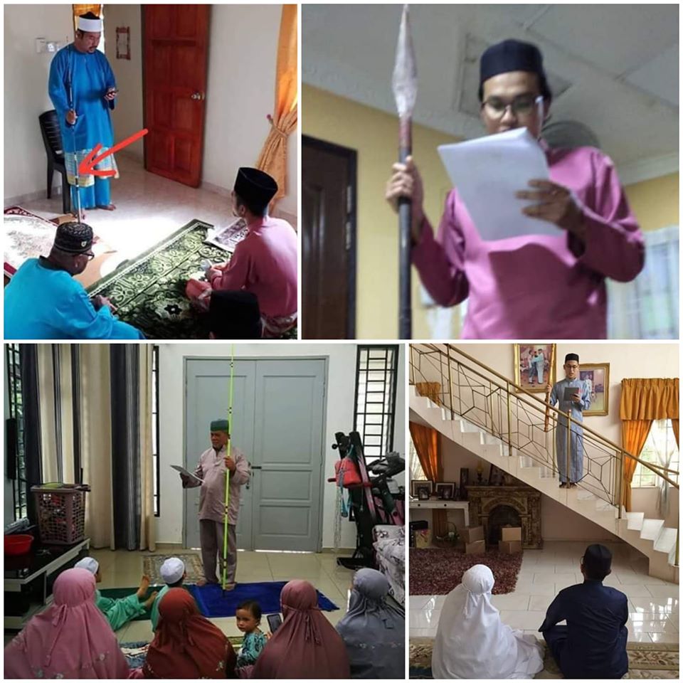 Khutbah Idul Fitri di rumah, sang khatib memegang tongkat. (Foto: facebook)