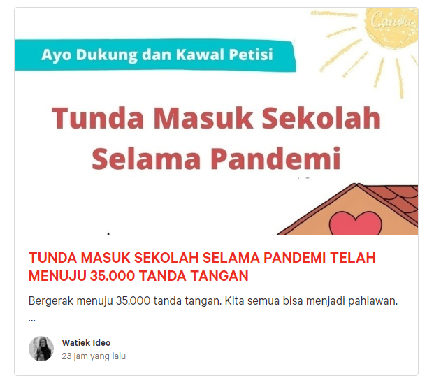 Petisi Tunda Masuk Sekolah Selama Pandemi. (Foto: Change.org)