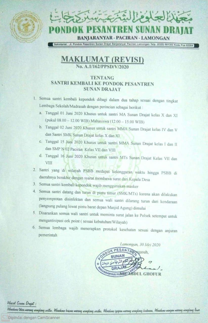 Maklumat Pondok Pesantren Sunan Drajat Lamongan untuk santrinya. (Istimewa)