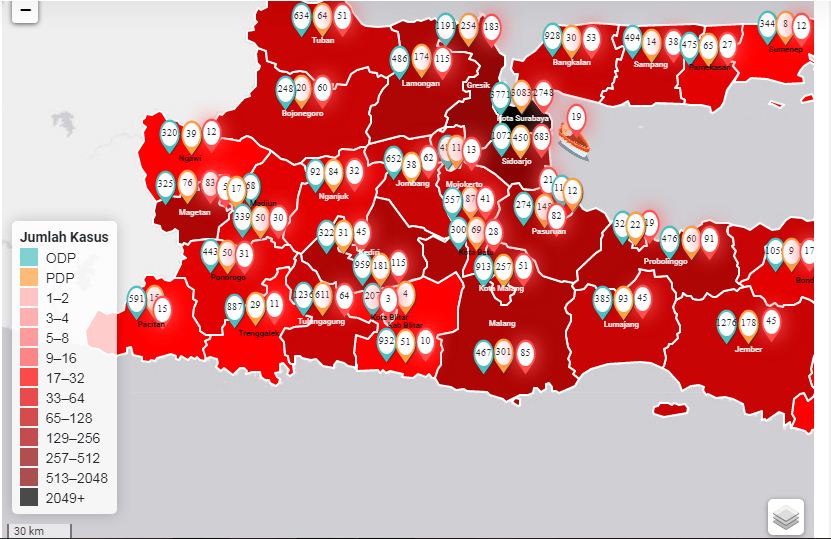 Surabaya berubah jadi zona hitam di laman info covid-19 Provinsi Jawa Timur. (Tangkapan layar)